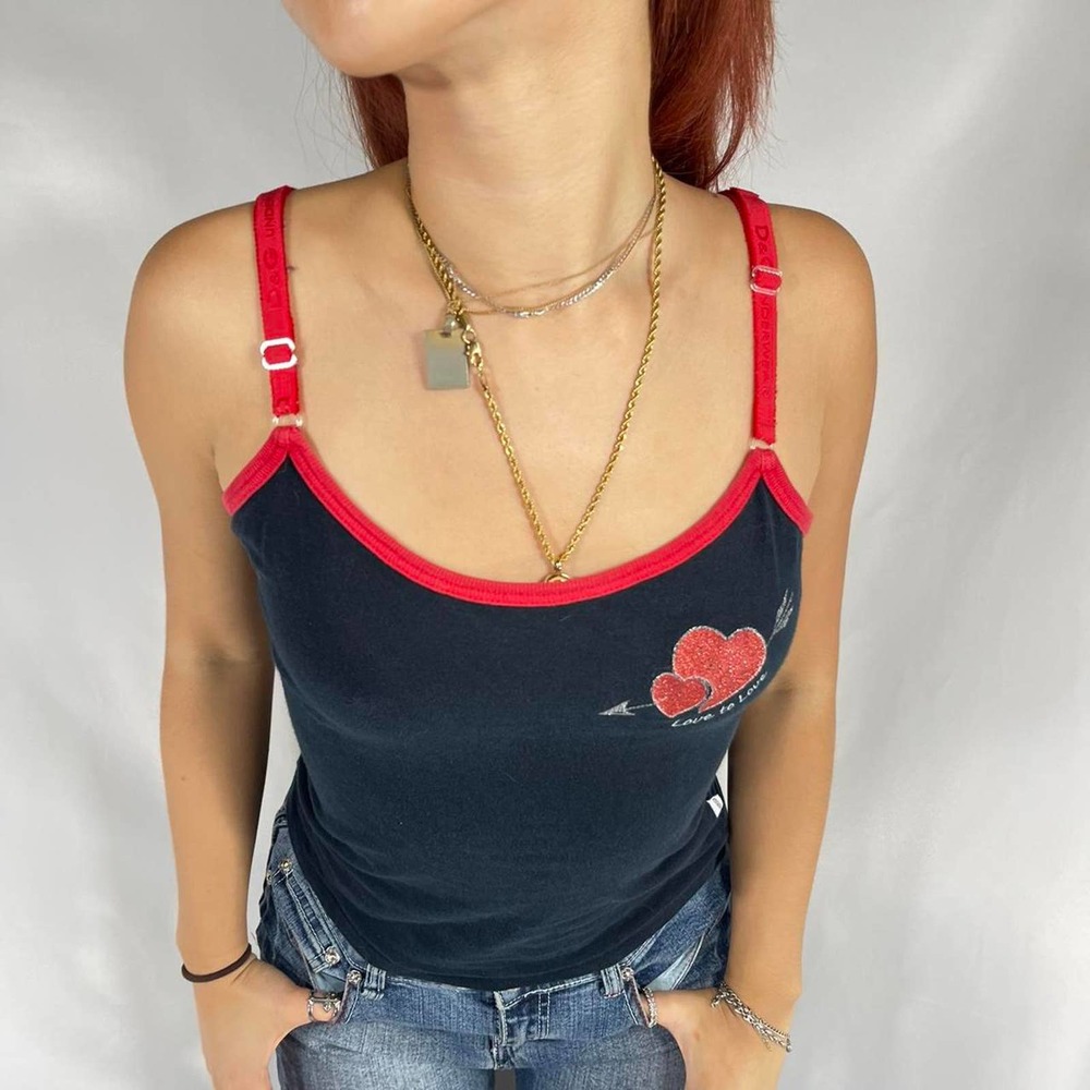 Vintage Y2K Dolce and Gabbana Red and Black Cami w Hearts Size XS/S Adjustable